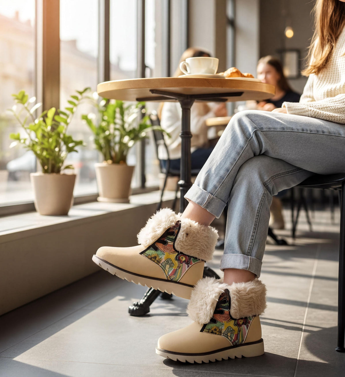 A person is sitting at a table in a cafe, wearing a pair of beige boots with fur trim and floral designs.