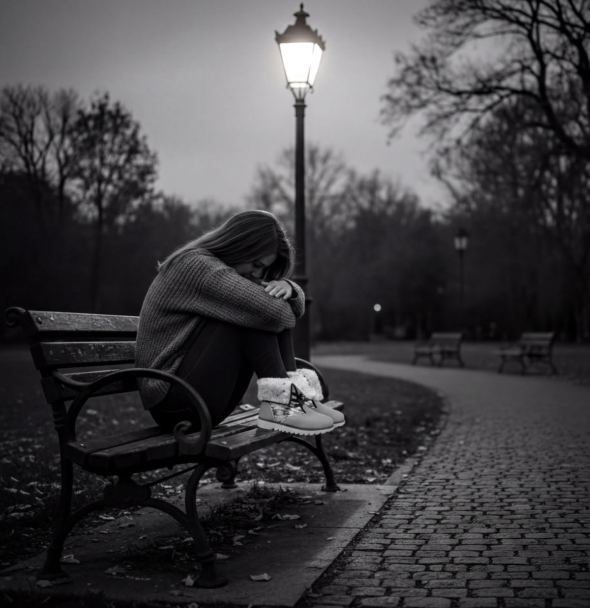 A woman sits alone on a bench in a park, her head resting on her hands, with a street lamp illuminating the scene in the background.
