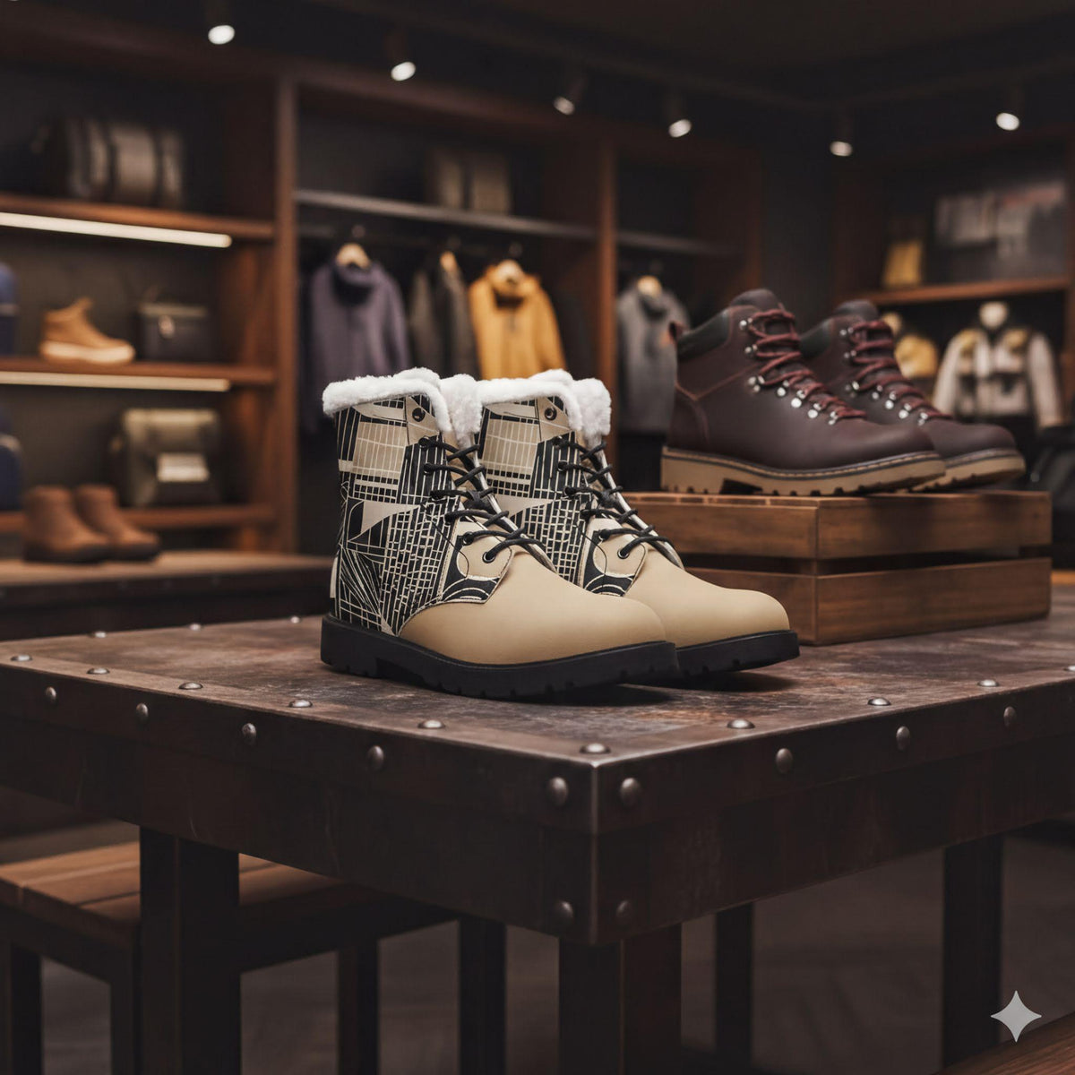 A pair of beige and black patterned boots sits on a wooden table in a store, with other boots and clothing items visible in the background.