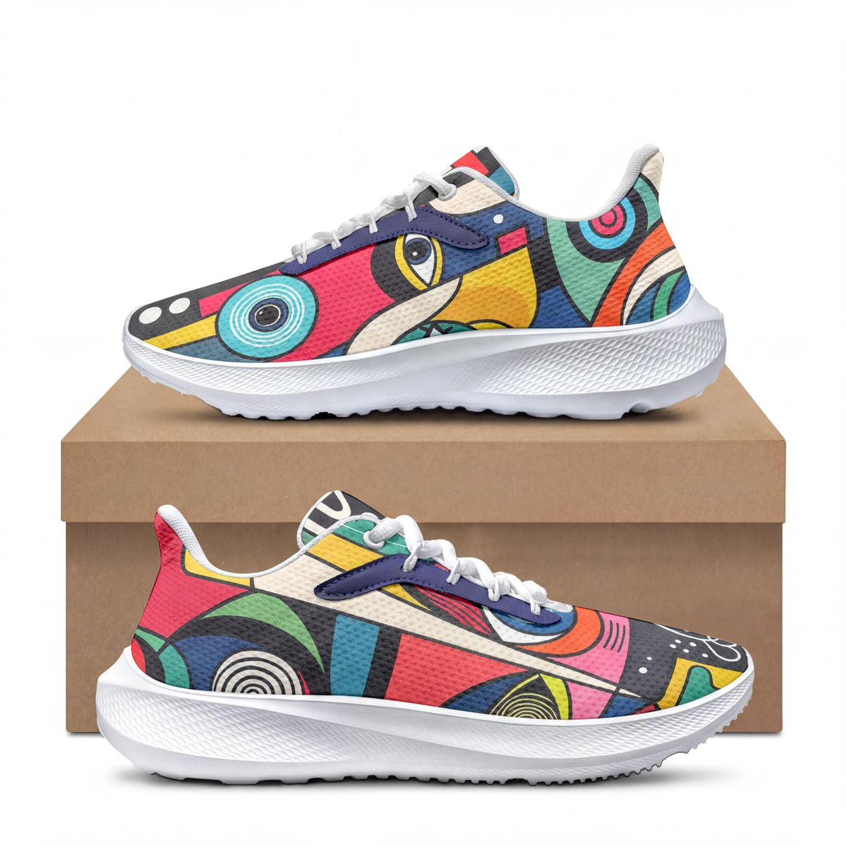 A pair of colorful, abstract-patterned sneakers displayed on top of a cardboard box.