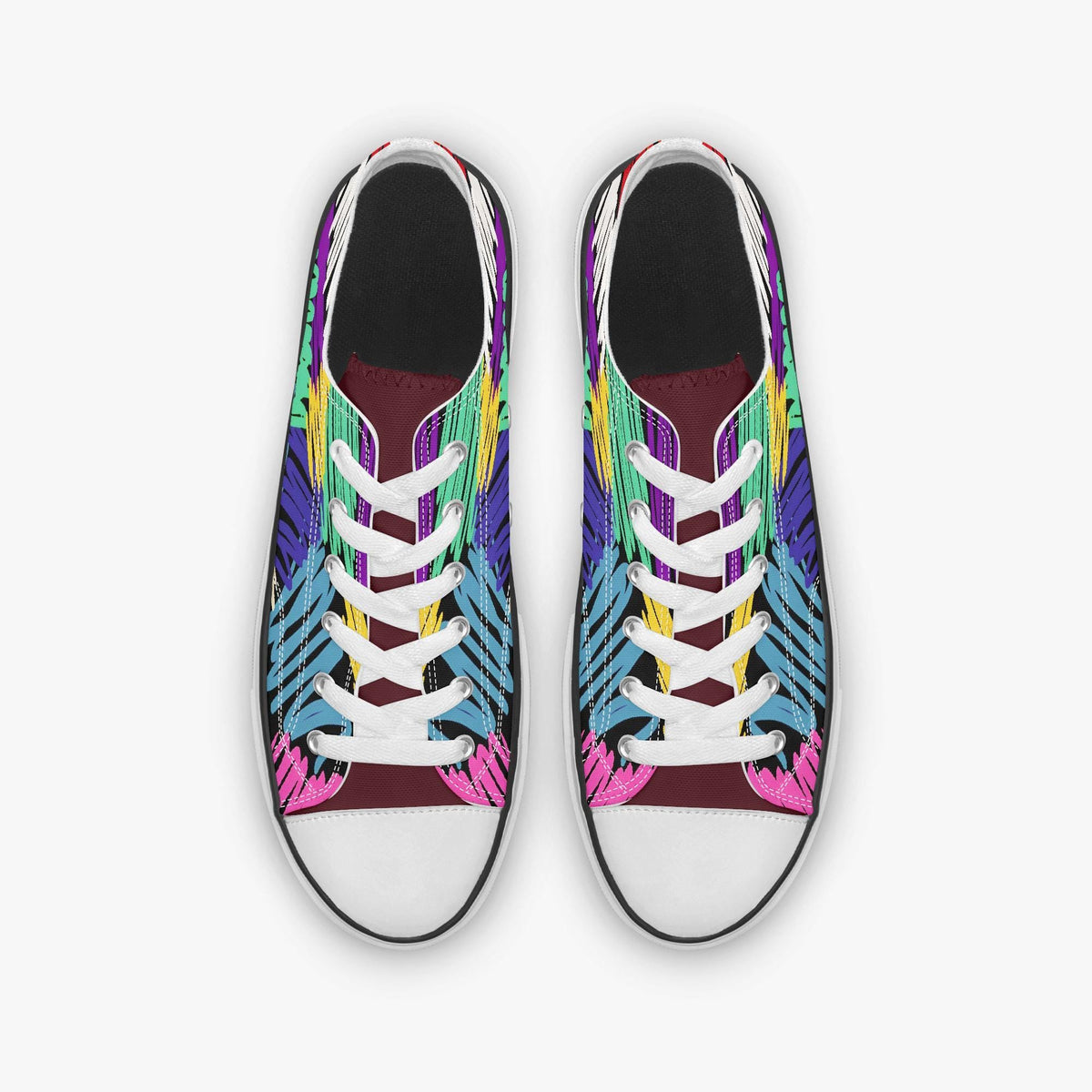 A pair of colorful, patterned sneakers with a vibrant design on the sides and laces.
