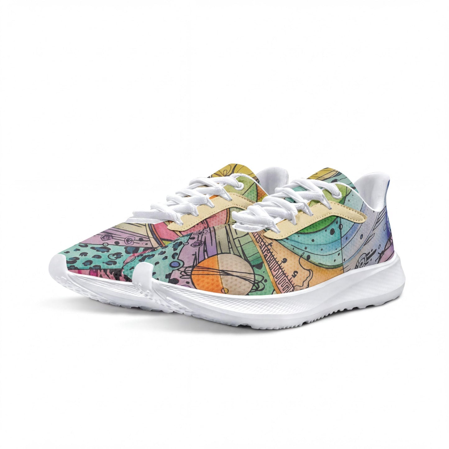 A pair of colorful, patterned sneakers with a vibrant design on the side.
