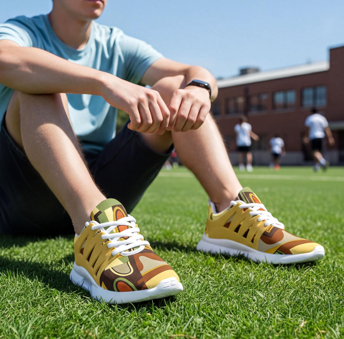 A person sitting on the grass wearing colorful sneakers, with other people visible in the background.
