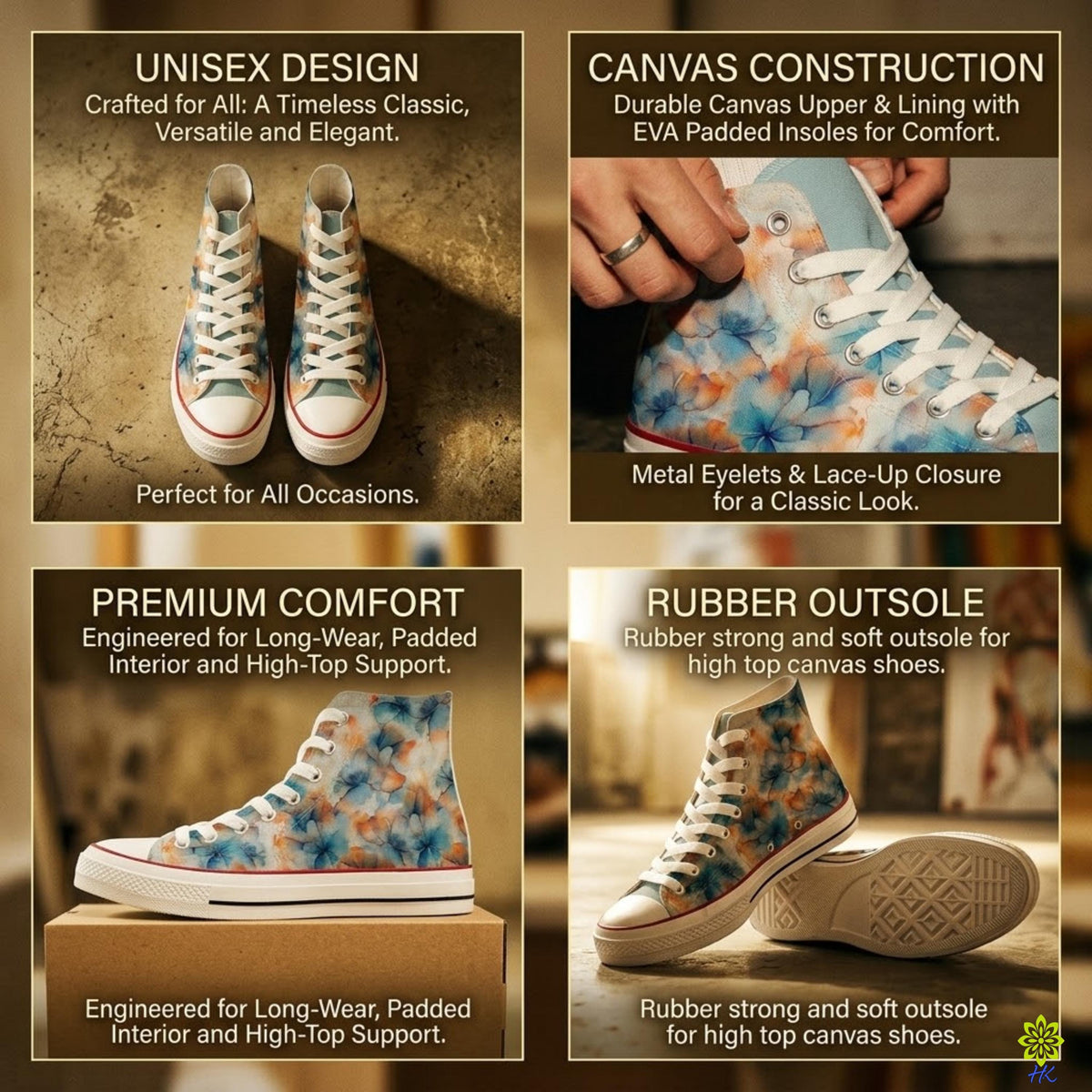 Infografische panelen met het unisex ontwerp, canvasconstructie, gevoerd comfort en rubberen loopzool van de high-top sneaker