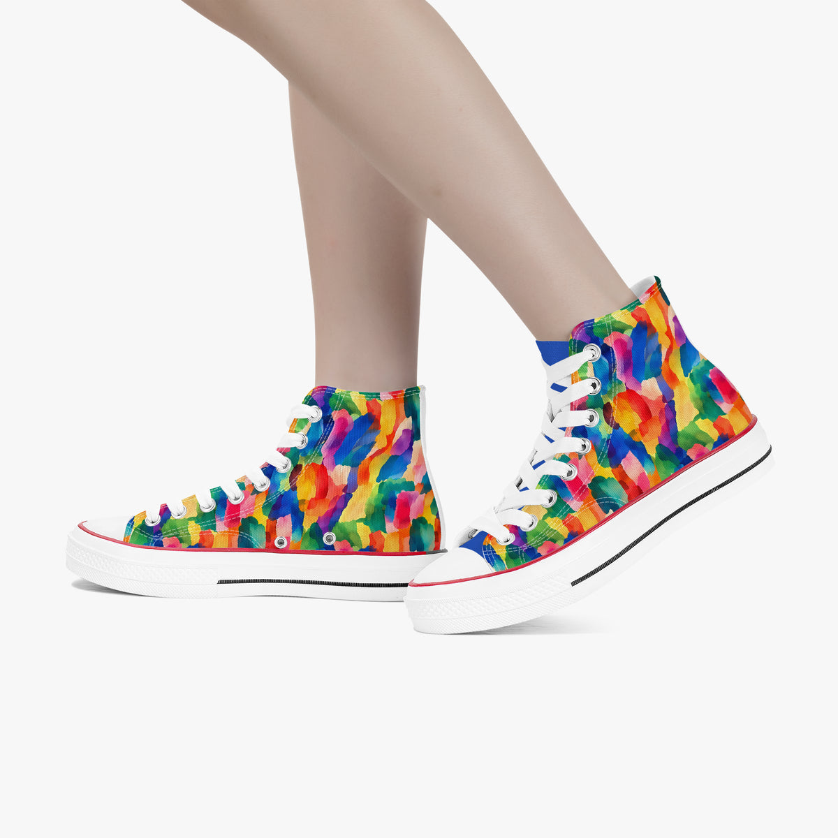 Side profile of a pair of high top sneakers on a white background