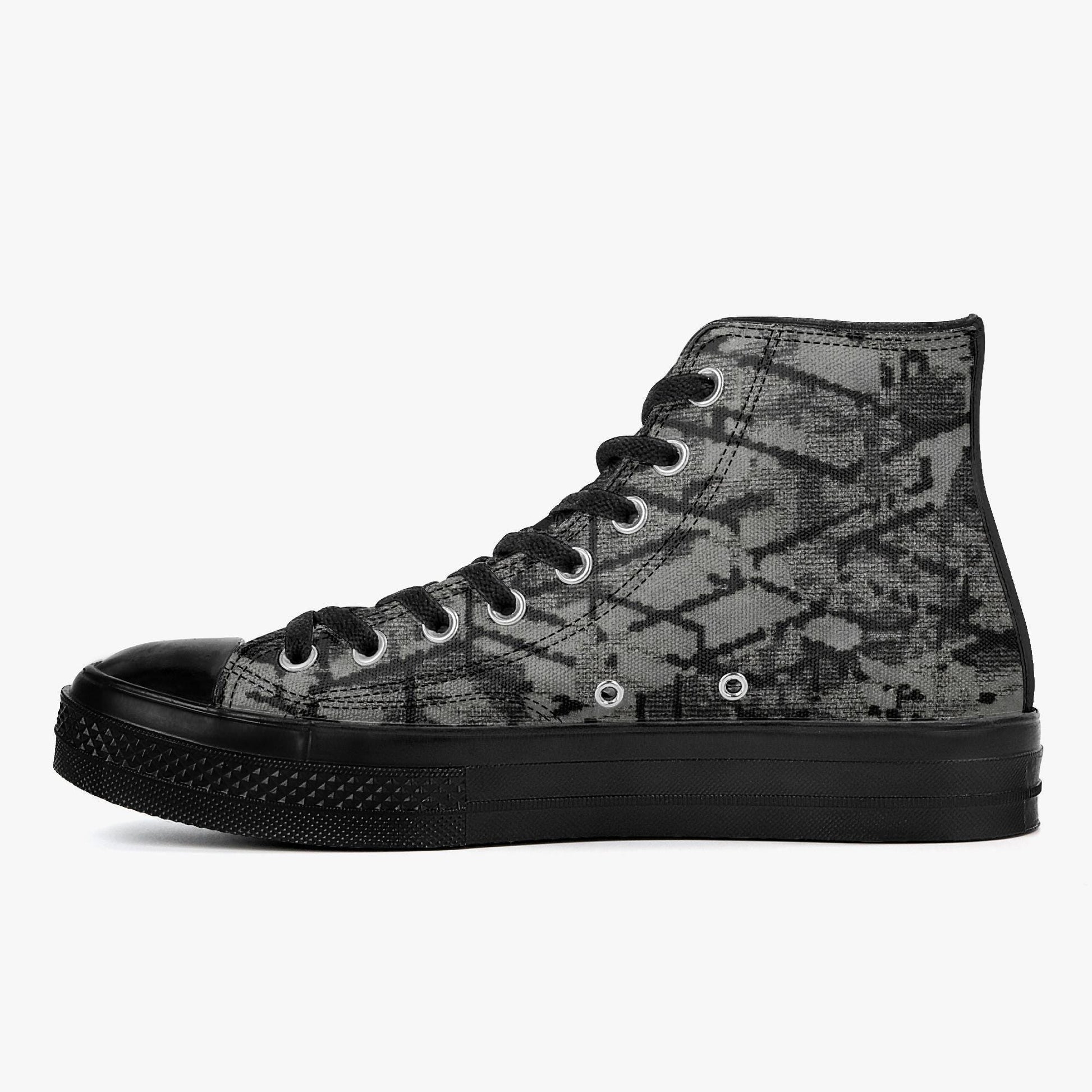 A black and grey high-top sneaker with a distinctive pattern on the side.