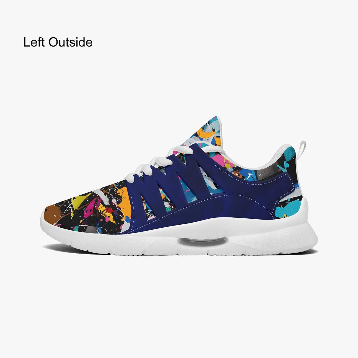 A colorful and vibrant sneaker with a unique pattern, featuring a mix of blue, orange, and pink colors.