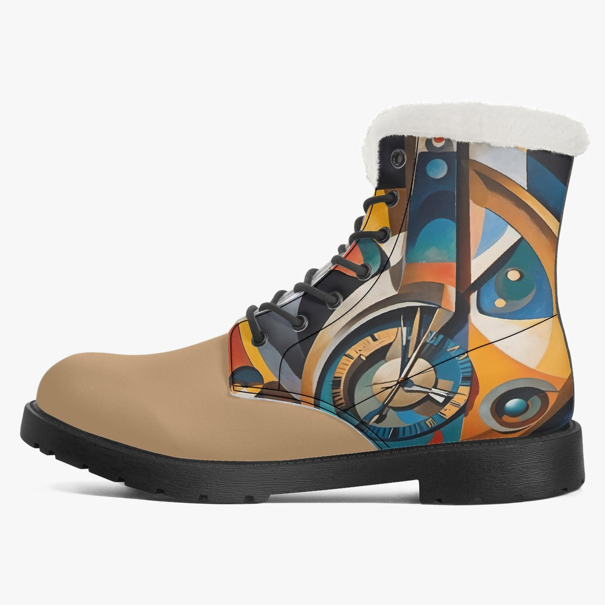 A pair of colorful, abstract-patterned boots with a fur lining.