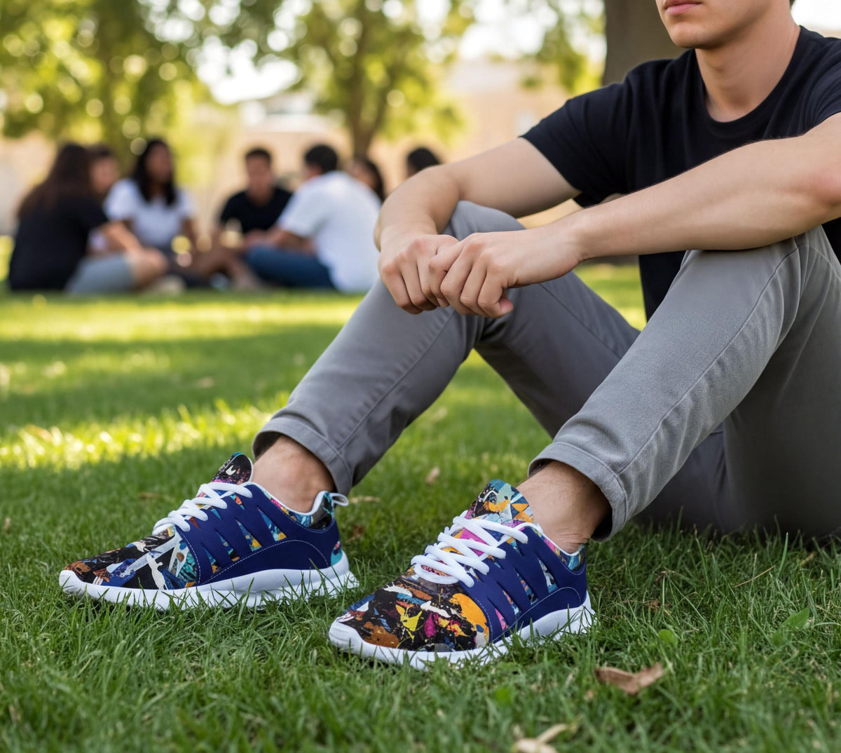 A person sitting on the grass wearing colorful sneakers, with a group of people in the background.
