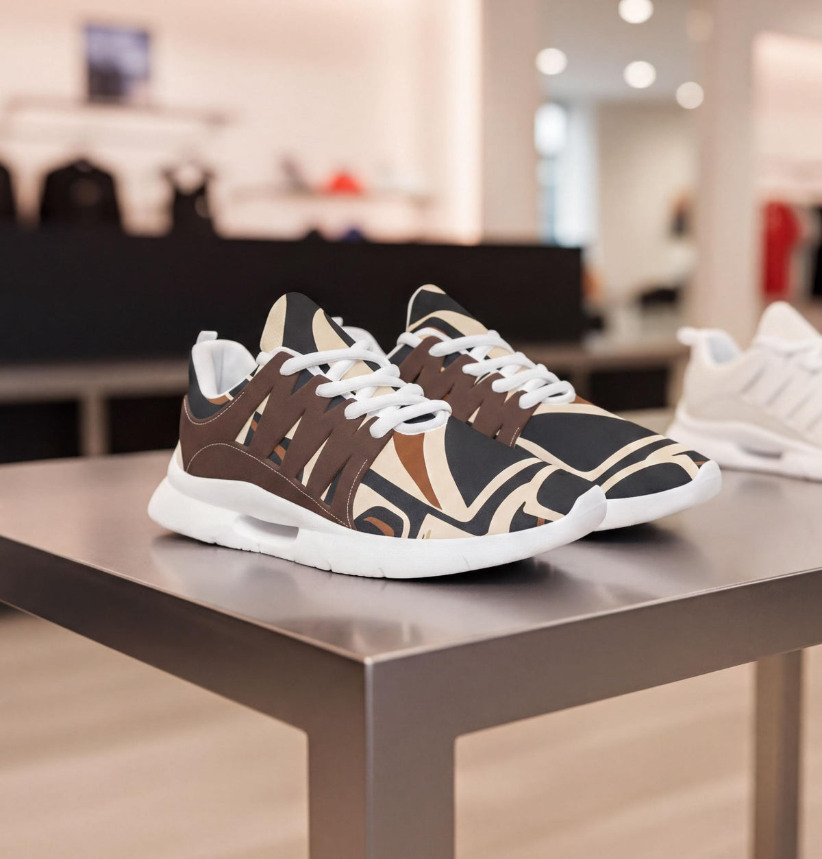 A pair of brown and white patterned sneakers on a table in a store.
