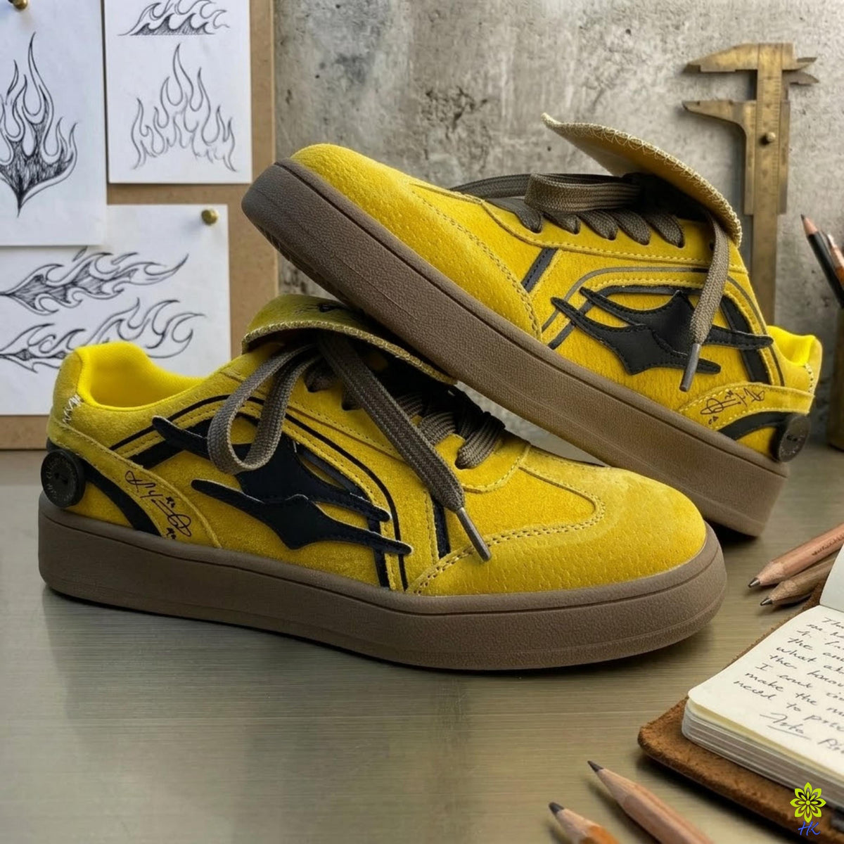 A pair of yellow and black sneakers with a unique design, placed on a desk with various items such as a notebook, pencils, and a ruler.