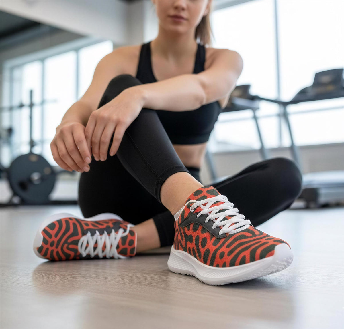 A woman in athletic clothing sits on the floor, wearing a pair of patterned sneakers.