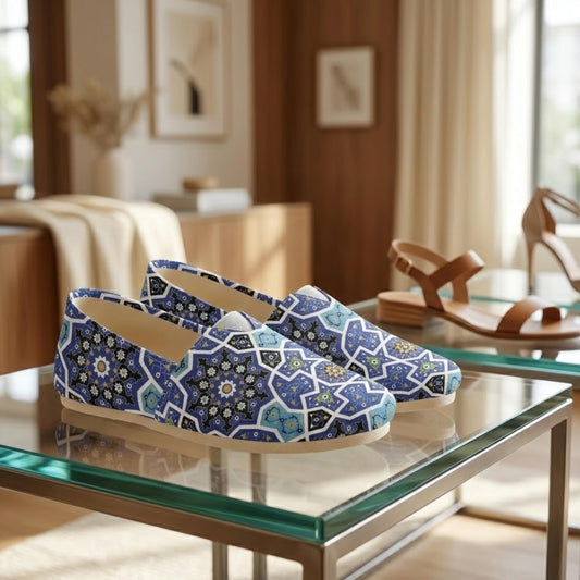 A pair of patterned tote shoes is displayed on a glass table, with a pair of sandals visible in the background.