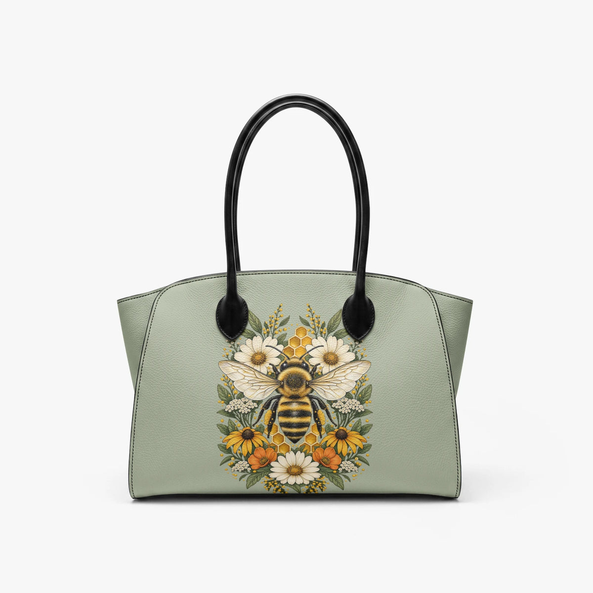 Vista frontale di una borsa tote bee verde salvia con manici neri su sfondo bianco
