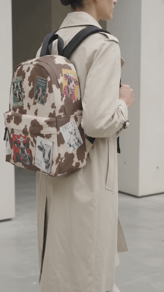 Cow Print Backpack with Patches, Brown and Cream Polyester Unisex Bag