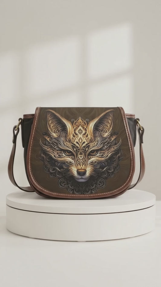Ornamental Fox PU Leather & Canvas Crossbody Bag